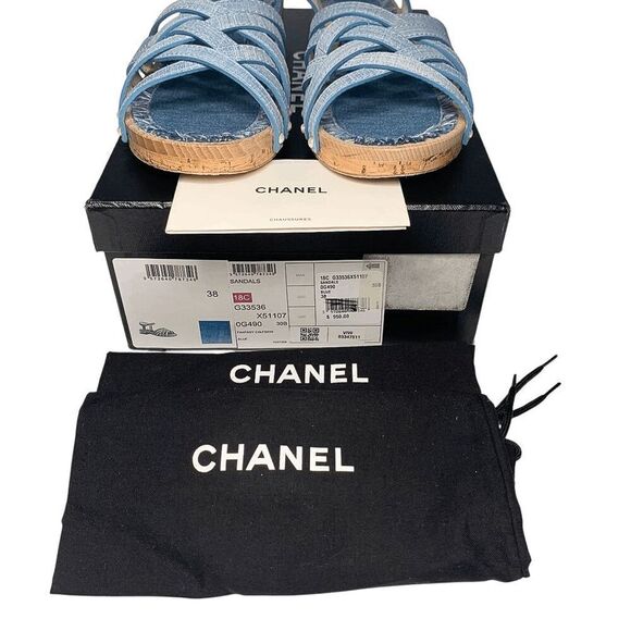 Chanel Fantasy Blue Calf Leather CC Logo Wooden Platform Sandals EU 38 US 7-7.5 - Picture 4 of 11